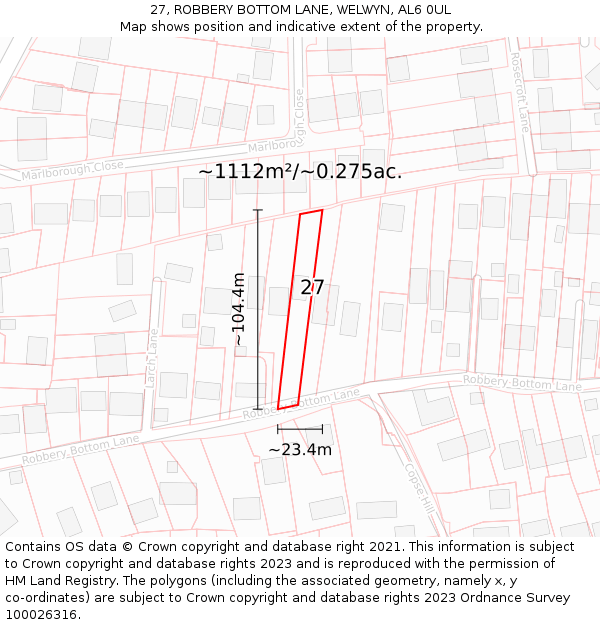 27, ROBBERY BOTTOM LANE, WELWYN, AL6 0UL: Plot and title map