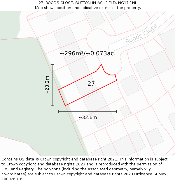 27, ROODS CLOSE, SUTTON-IN-ASHFIELD, NG17 1NL: Plot and title map