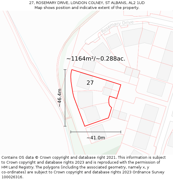 27, ROSEMARY DRIVE, LONDON COLNEY, ST ALBANS, AL2 1UD: Plot and title map