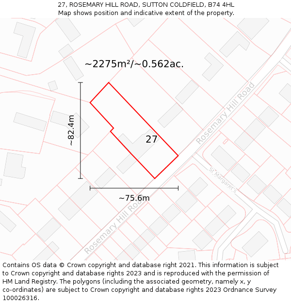 27, ROSEMARY HILL ROAD, SUTTON COLDFIELD, B74 4HL: Plot and title map