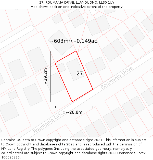 27, ROUMANIA DRIVE, LLANDUDNO, LL30 1UY: Plot and title map