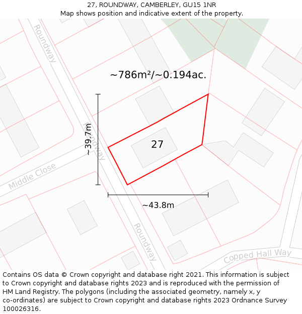 27, ROUNDWAY, CAMBERLEY, GU15 1NR: Plot and title map