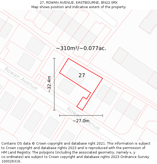 27, ROWAN AVENUE, EASTBOURNE, BN22 0RX: Plot and title map