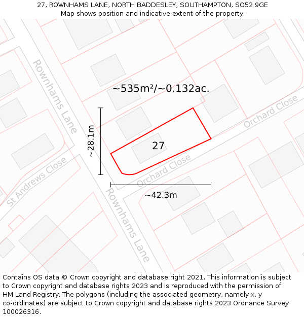 27, ROWNHAMS LANE, NORTH BADDESLEY, SOUTHAMPTON, SO52 9GE: Plot and title map