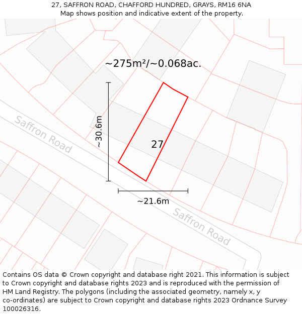 27, SAFFRON ROAD, CHAFFORD HUNDRED, GRAYS, RM16 6NA: Plot and title map