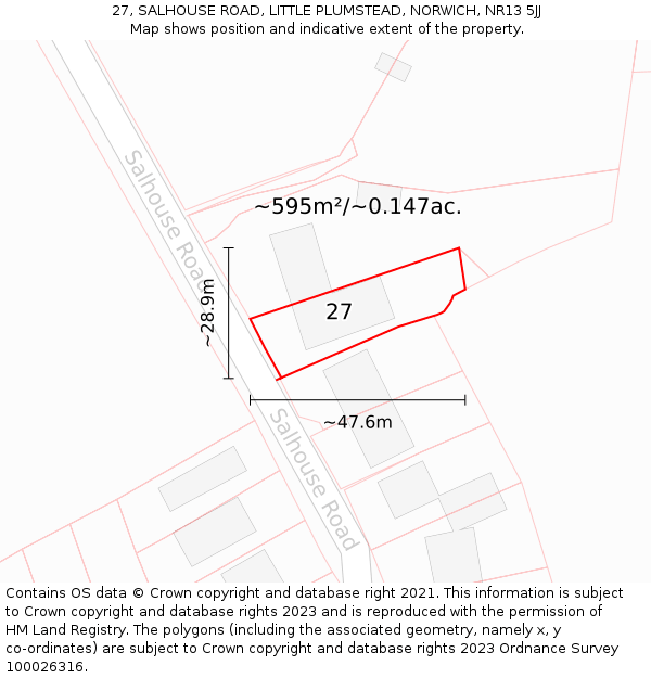 27, SALHOUSE ROAD, LITTLE PLUMSTEAD, NORWICH, NR13 5JJ: Plot and title map