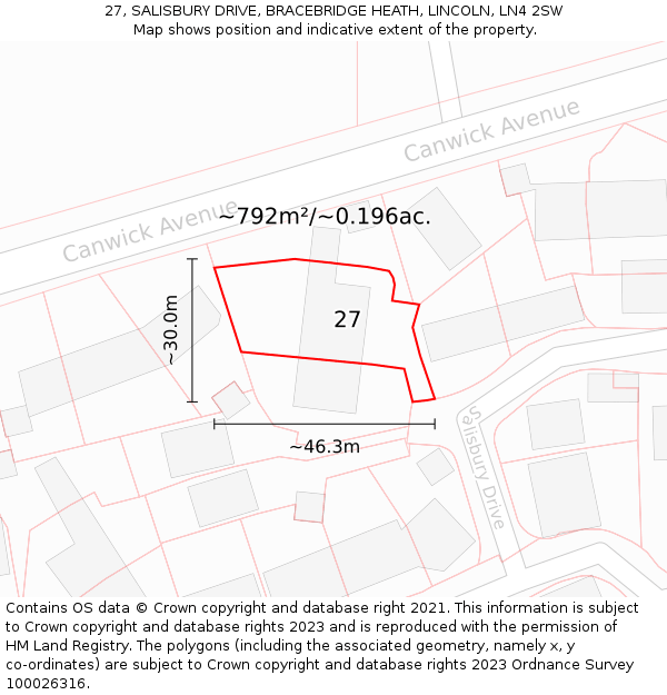 27, SALISBURY DRIVE, BRACEBRIDGE HEATH, LINCOLN, LN4 2SW: Plot and title map