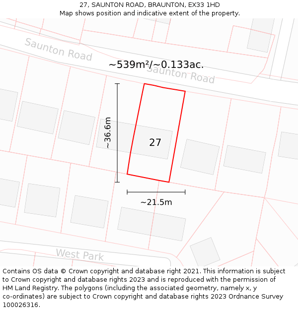 27, SAUNTON ROAD, BRAUNTON, EX33 1HD: Plot and title map