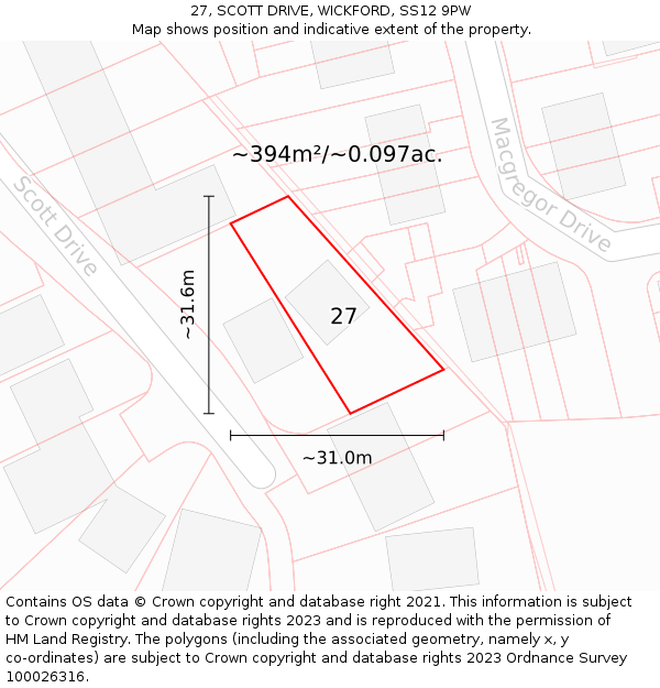 27, SCOTT DRIVE, WICKFORD, SS12 9PW: Plot and title map