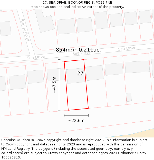 27, SEA DRIVE, BOGNOR REGIS, PO22 7NE: Plot and title map