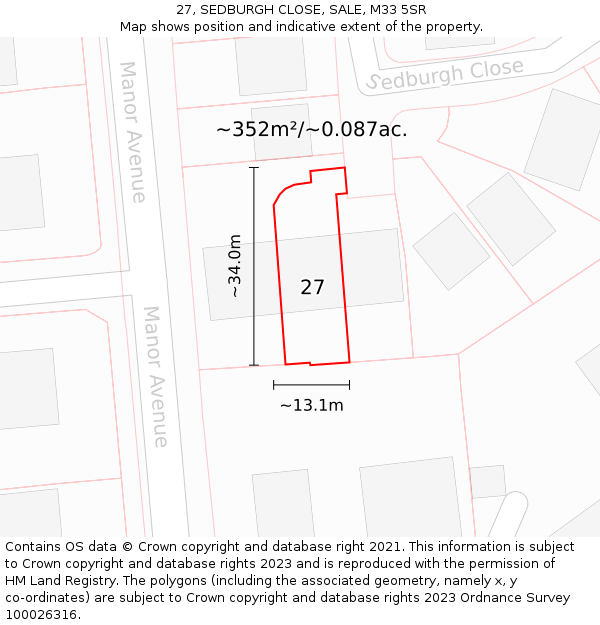 27, SEDBURGH CLOSE, SALE, M33 5SR: Plot and title map