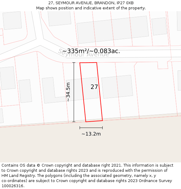 27, SEYMOUR AVENUE, BRANDON, IP27 0XB: Plot and title map