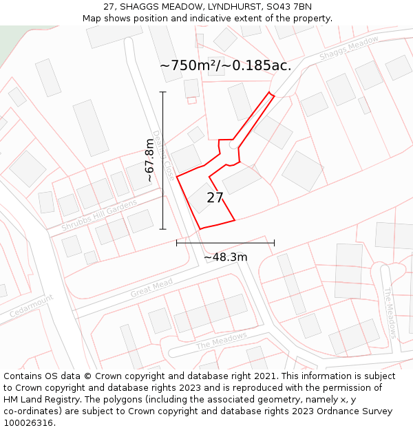 27, SHAGGS MEADOW, LYNDHURST, SO43 7BN: Plot and title map