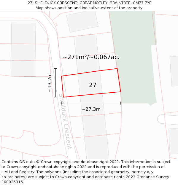 27, SHELDUCK CRESCENT, GREAT NOTLEY, BRAINTREE, CM77 7YF: Plot and title map