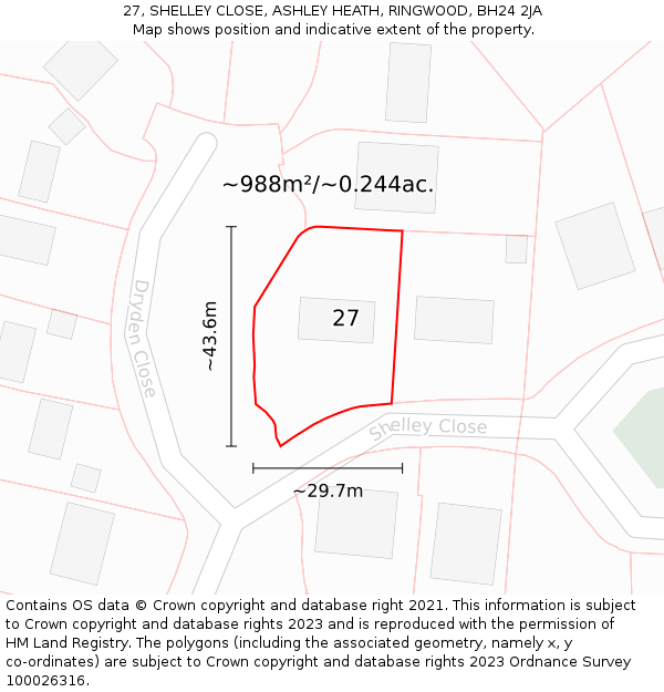 27, SHELLEY CLOSE, ASHLEY HEATH, RINGWOOD, BH24 2JA: Plot and title map