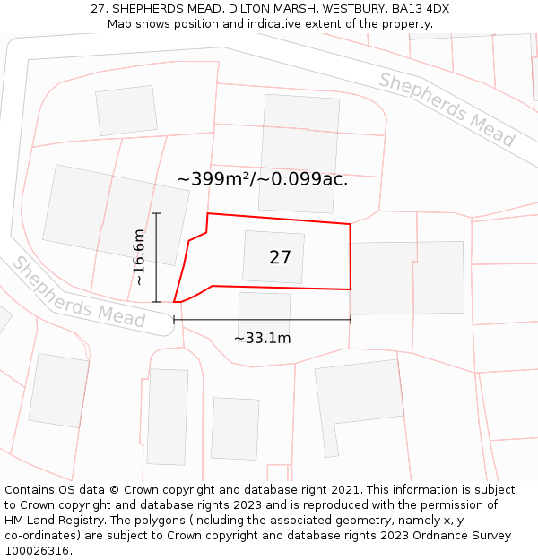 27, SHEPHERDS MEAD, DILTON MARSH, WESTBURY, BA13 4DX: Plot and title map