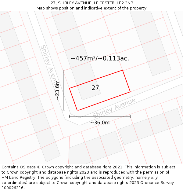 27, SHIRLEY AVENUE, LEICESTER, LE2 3NB: Plot and title map