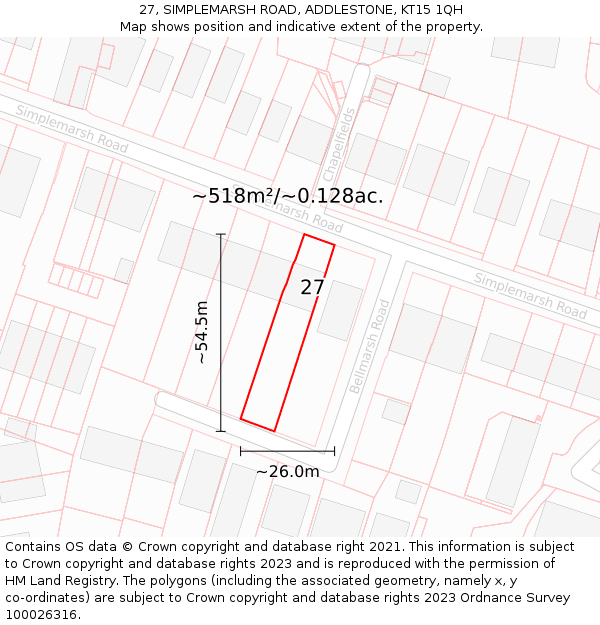 27, SIMPLEMARSH ROAD, ADDLESTONE, KT15 1QH: Plot and title map