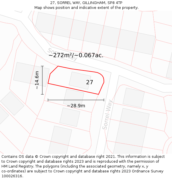 27, SORREL WAY, GILLINGHAM, SP8 4TP: Plot and title map