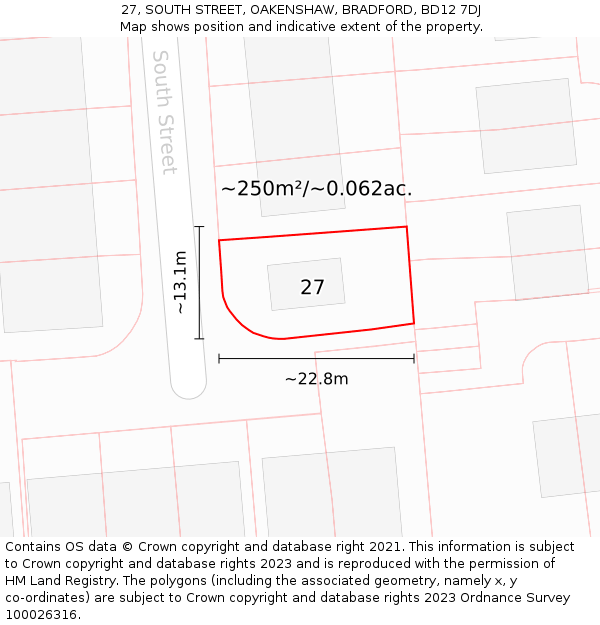 27, SOUTH STREET, OAKENSHAW, BRADFORD, BD12 7DJ: Plot and title map