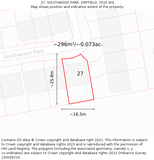 27, SOUTHWOOD PARK, DRIFFIELD, YO25 9HJ: Plot and title map