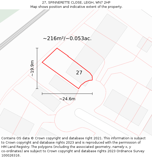 27, SPINNERETTE CLOSE, LEIGH, WN7 2HP: Plot and title map