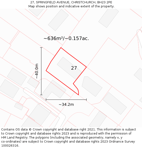 27, SPRINGFIELD AVENUE, CHRISTCHURCH, BH23 2PE: Plot and title map