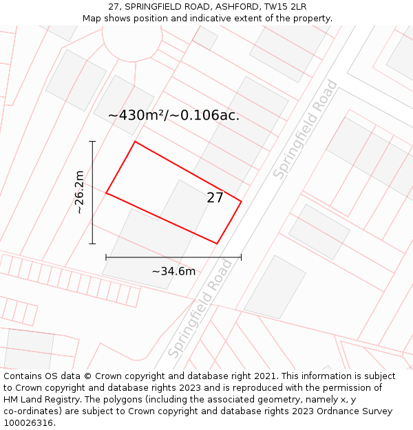 27, SPRINGFIELD ROAD, ASHFORD, TW15 2LR: Plot and title map