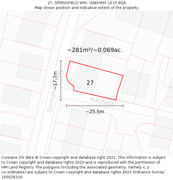 27, SPRINGFIELD WAY, OAKHAM, LE15 6QA: Plot and title map