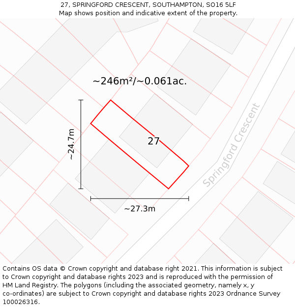 27, SPRINGFORD CRESCENT, SOUTHAMPTON, SO16 5LF: Plot and title map