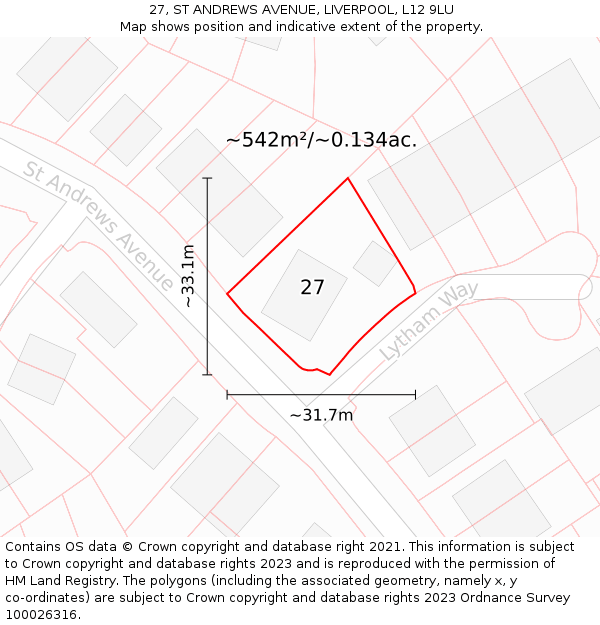 27, ST ANDREWS AVENUE, LIVERPOOL, L12 9LU: Plot and title map