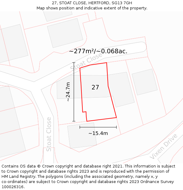 27, STOAT CLOSE, HERTFORD, SG13 7GH: Plot and title map