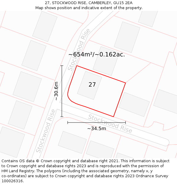 27, STOCKWOOD RISE, CAMBERLEY, GU15 2EA: Plot and title map