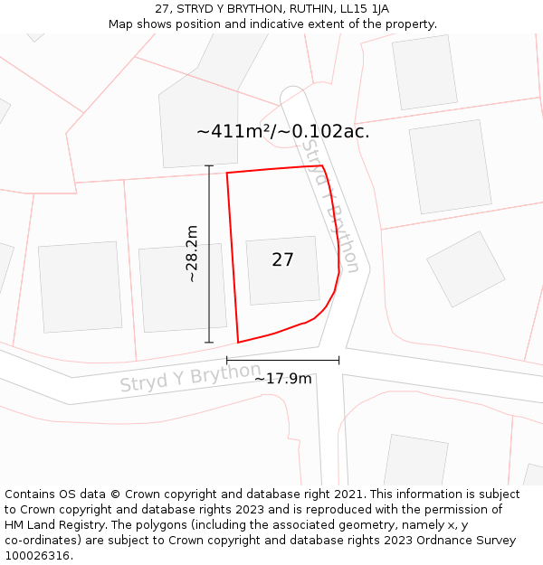 27, STRYD Y BRYTHON, RUTHIN, LL15 1JA: Plot and title map