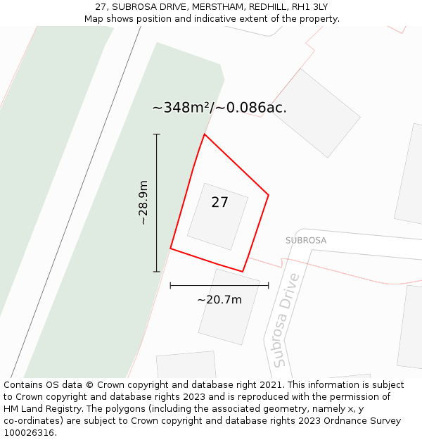 27, SUBROSA DRIVE, MERSTHAM, REDHILL, RH1 3LY: Plot and title map
