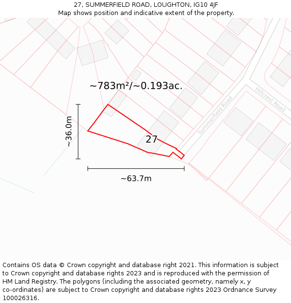 27, SUMMERFIELD ROAD, LOUGHTON, IG10 4JF: Plot and title map