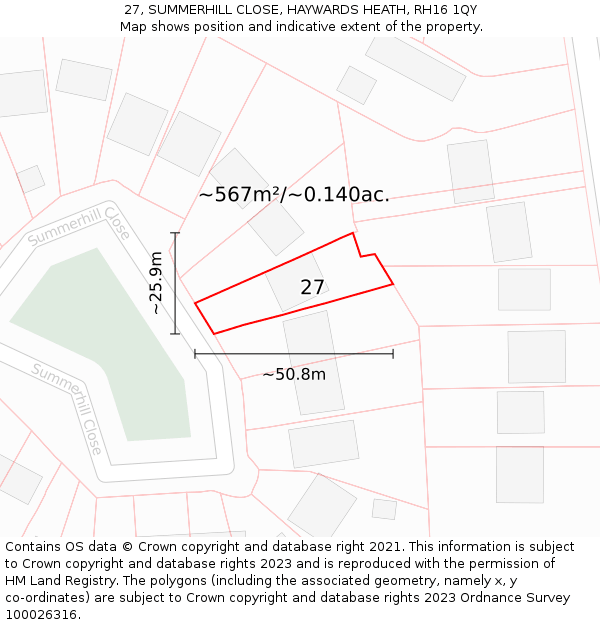 27, SUMMERHILL CLOSE, HAYWARDS HEATH, RH16 1QY: Plot and title map