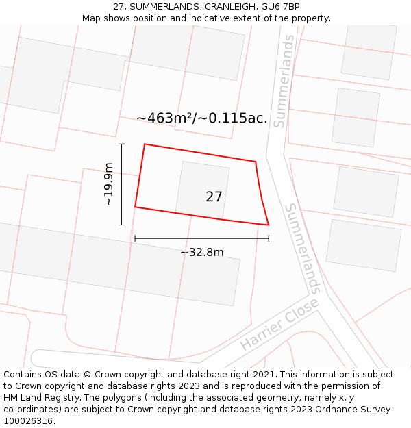 27, SUMMERLANDS, CRANLEIGH, GU6 7BP: Plot and title map