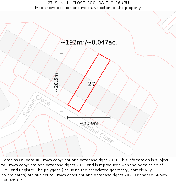 27, SUNHILL CLOSE, ROCHDALE, OL16 4RU: Plot and title map