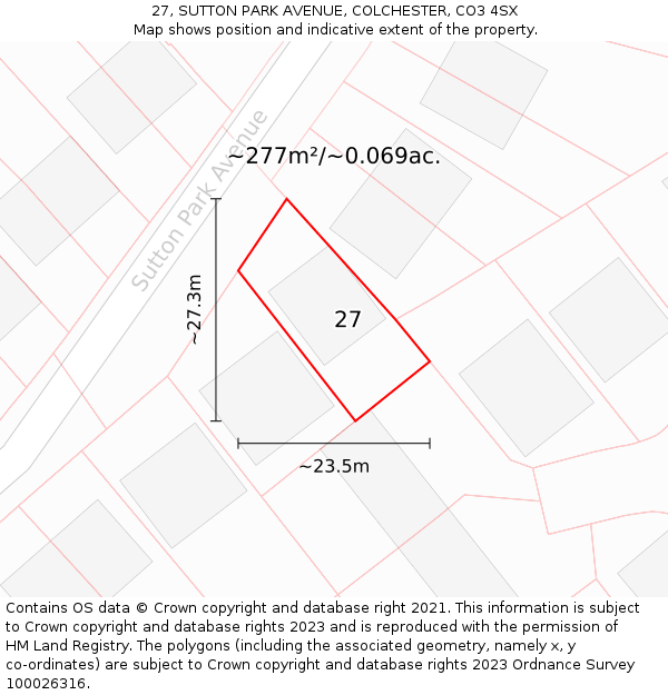 27, SUTTON PARK AVENUE, COLCHESTER, CO3 4SX: Plot and title map