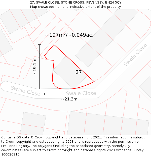 27, SWALE CLOSE, STONE CROSS, PEVENSEY, BN24 5QY: Plot and title map