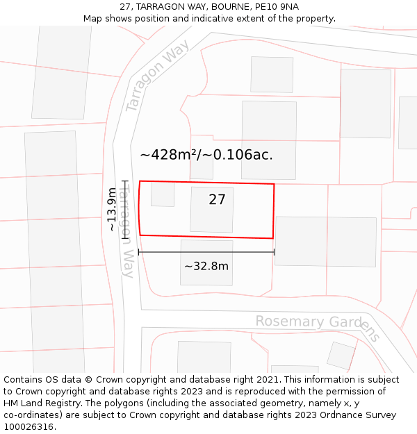 27, TARRAGON WAY, BOURNE, PE10 9NA: Plot and title map