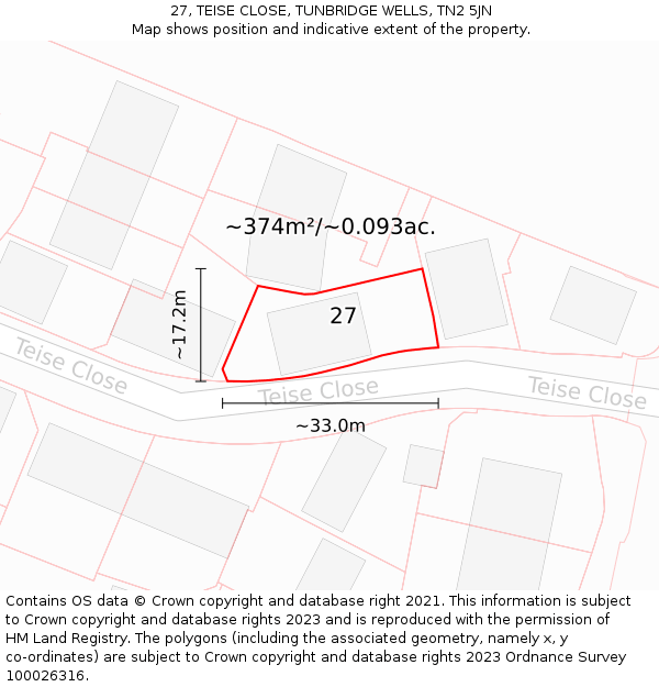 27, TEISE CLOSE, TUNBRIDGE WELLS, TN2 5JN: Plot and title map