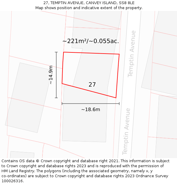 27, TEMPTIN AVENUE, CANVEY ISLAND, SS8 8LE: Plot and title map