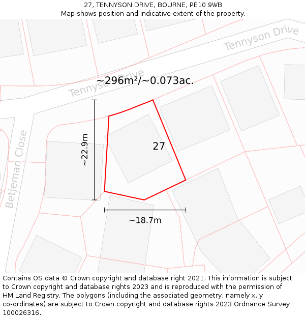 27, TENNYSON DRIVE, BOURNE, PE10 9WB: Plot and title map