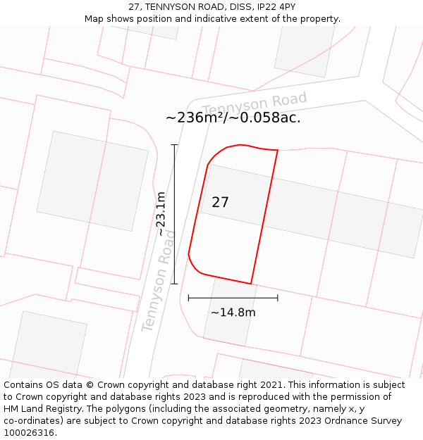 27, TENNYSON ROAD, DISS, IP22 4PY: Plot and title map