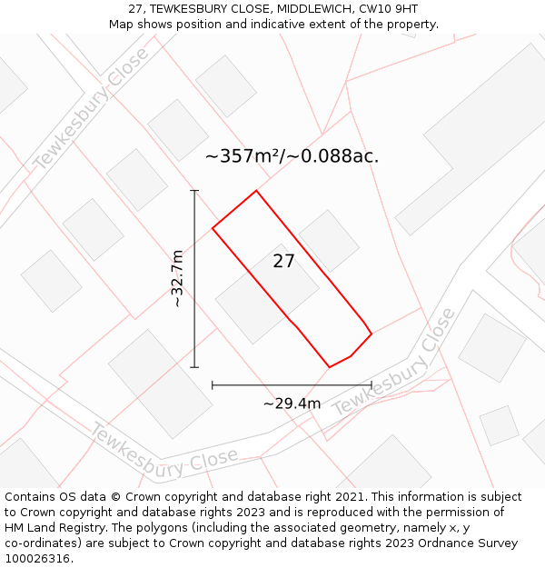 27, TEWKESBURY CLOSE, MIDDLEWICH, CW10 9HT: Plot and title map