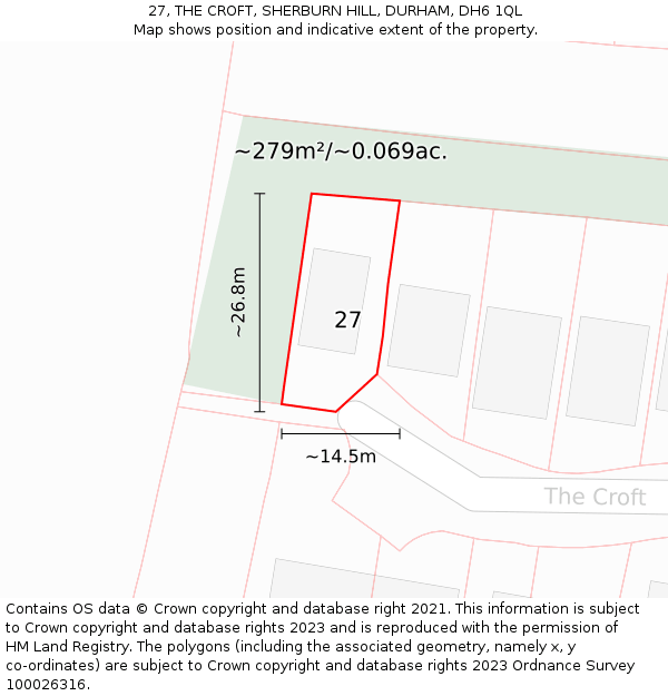 27, THE CROFT, SHERBURN HILL, DURHAM, DH6 1QL: Plot and title map