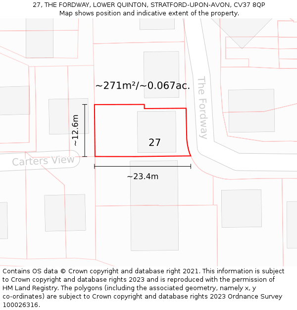 27, THE FORDWAY, LOWER QUINTON, STRATFORD-UPON-AVON, CV37 8QP: Plot and title map
