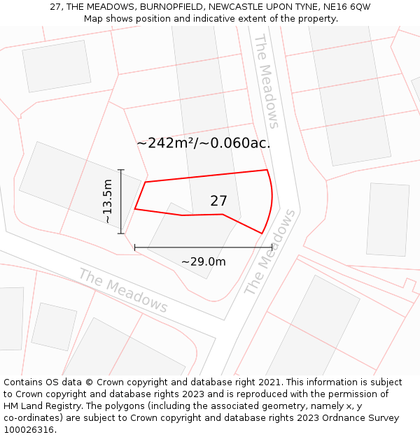 27, THE MEADOWS, BURNOPFIELD, NEWCASTLE UPON TYNE, NE16 6QW: Plot and title map